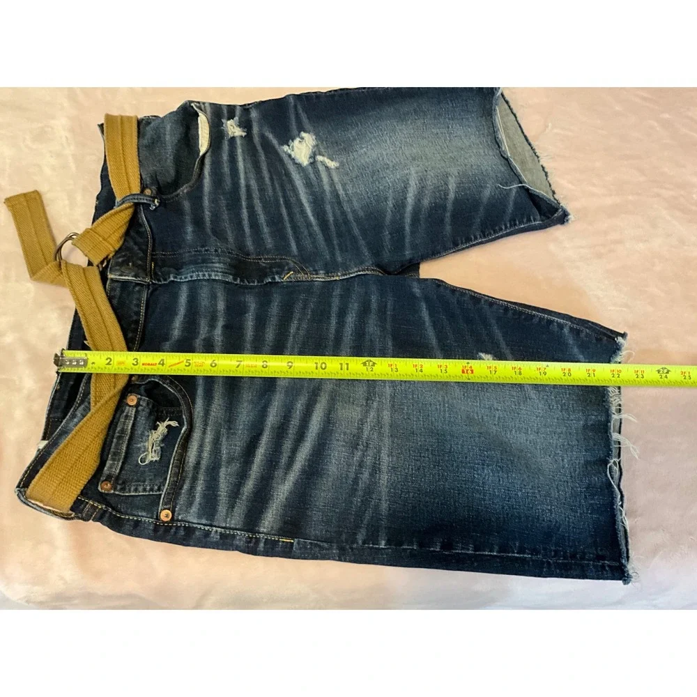 American Eagle Airflex+ Distressed Denim Shorts Mens 38 Dark Wash Cut Off Belted